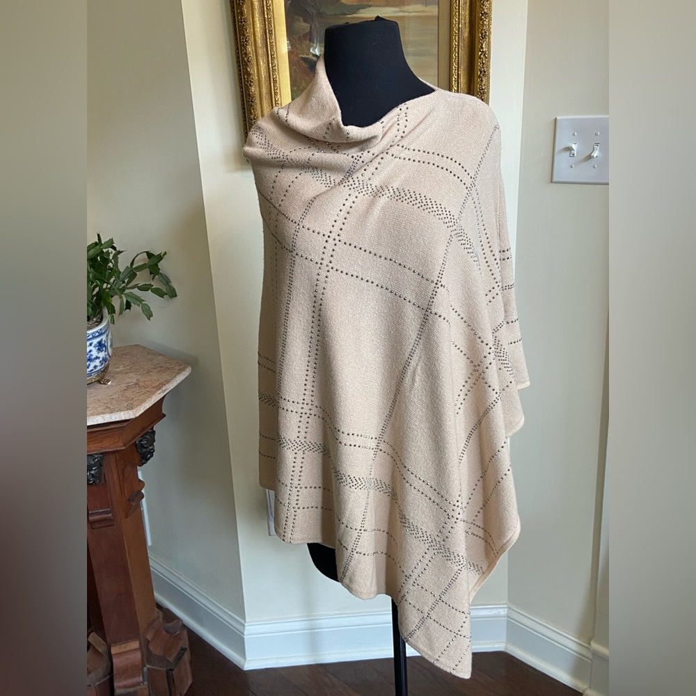Creamy Light Camel Poncho with Patterned Studs